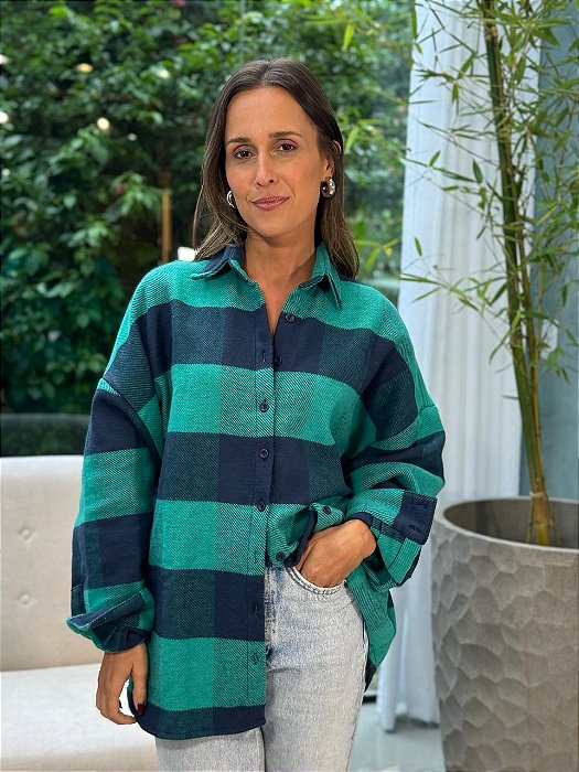 Camisa Feminina Oversized Xadrez Safir Verde e Marinho