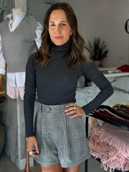 Shorts Feminino Alfaiataria Xadrez Livia Cinza