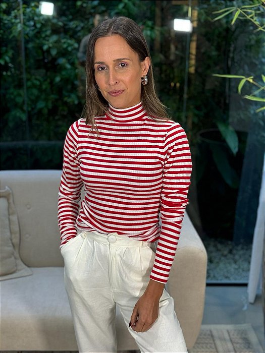 Blusa Feminina Ribana Canelada Gola Alta Listrada Vermelho