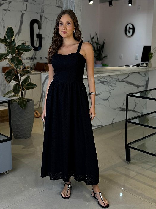 Vestido Feminino Midi Laise Bordada Alça Kate Preto