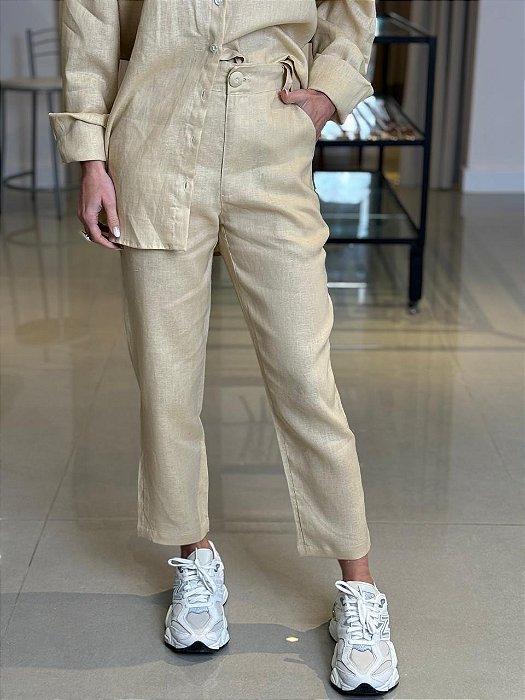 Calça Feminina Alfaiataria Linho 100% Madonna Amêndoa