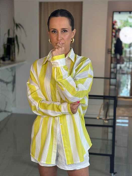 Camisa Feminina Oversized Algodão Flame Listra Branco e Amarelo
