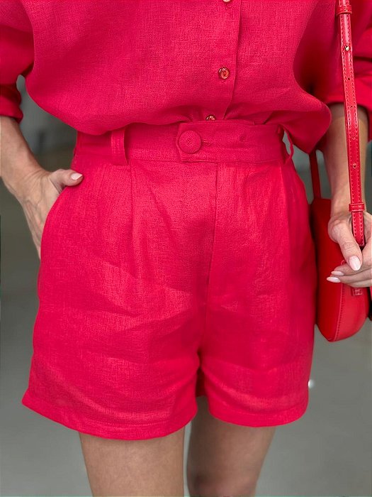 Shorts Feminino Alfaiataria Linho 100% Livia Vermelho