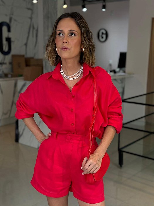 Camisa Feminina Oversized Linho 100% Vermelho