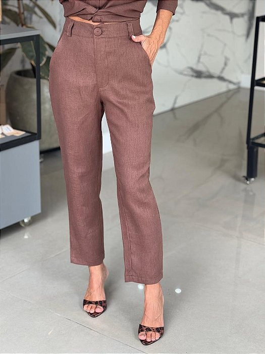 Calça Feminina Alfaiataria Linho 100% Madonna Cacau