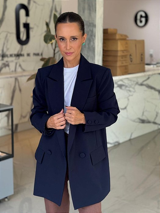 Maxi Blazer Feminino Alfaiataria Oversized Milão Azul Marinho