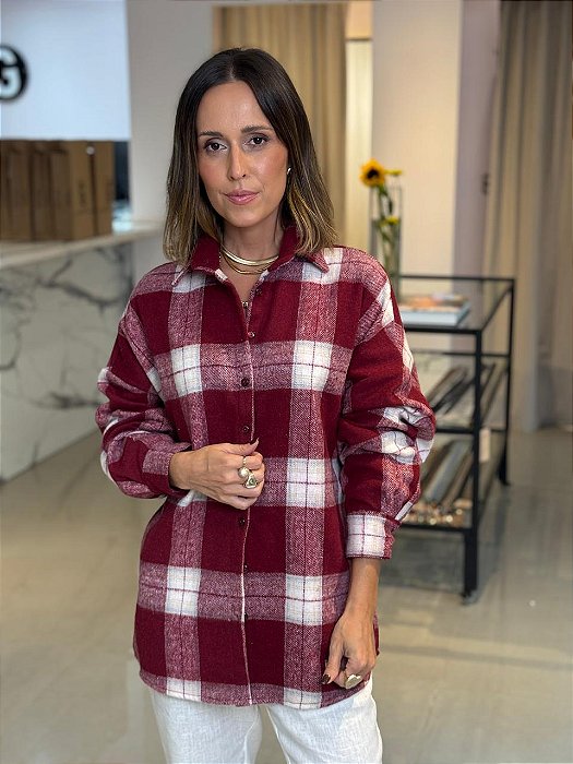 Camisa Feminina Oversized Winter Xadrez Bordô