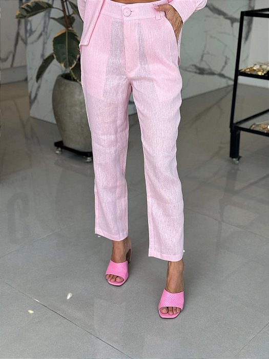 Calça Feminina Alfaiataria Linho 100% Madonna Rosa Barbie