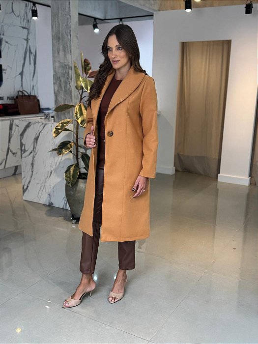 Sobretudo Feminino Lã Batida Comprimento 7/8 Doce de Leite