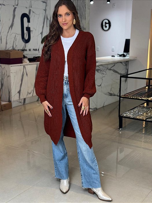 Sobretudo Feminino Tricô Liso Marrom