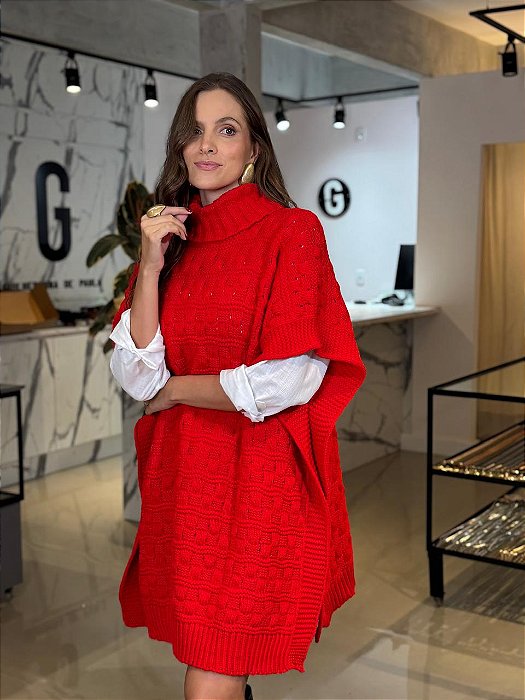 Maxi Poncho Feminino Tricô Gola Alta Vermelho