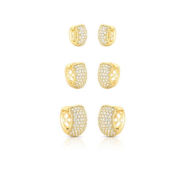 Brinco Trio de Argolas com Zircônias Banhado A Ouro