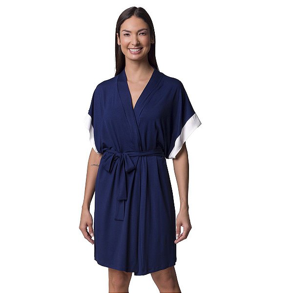 Robe Feminino Curto Azul Marinho com Cetim