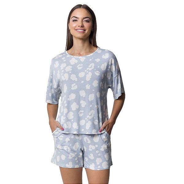 Pijama Feminino Curto com Bolso Onça Azul