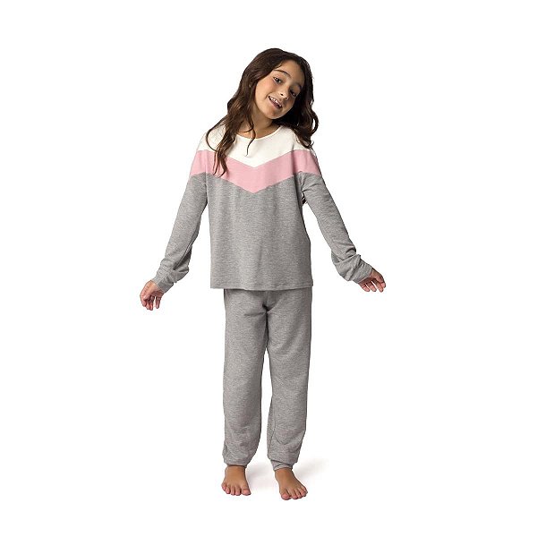 Pijama Infantil Feminino Longo Mescla Médio