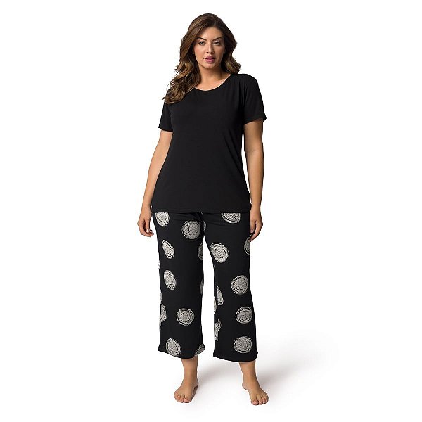 Pijama Feminino Capri Plus Size Preto Esferas