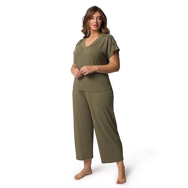 Pijama Feminino Capri Plus Size Verde Oliva