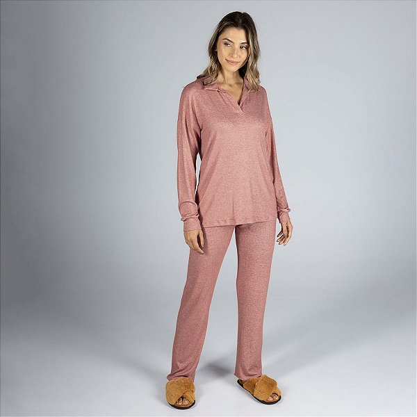 Pijama Feminino Longo Gola Esporte Terracota