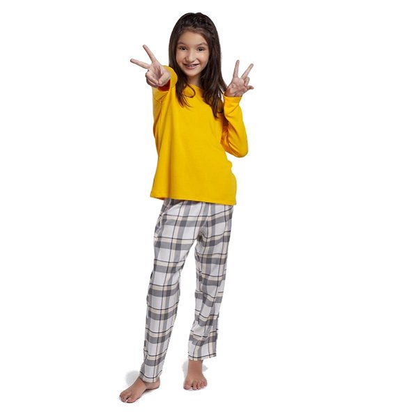 Pijama Feminino Infantil de Inverno Xadrez Yellow