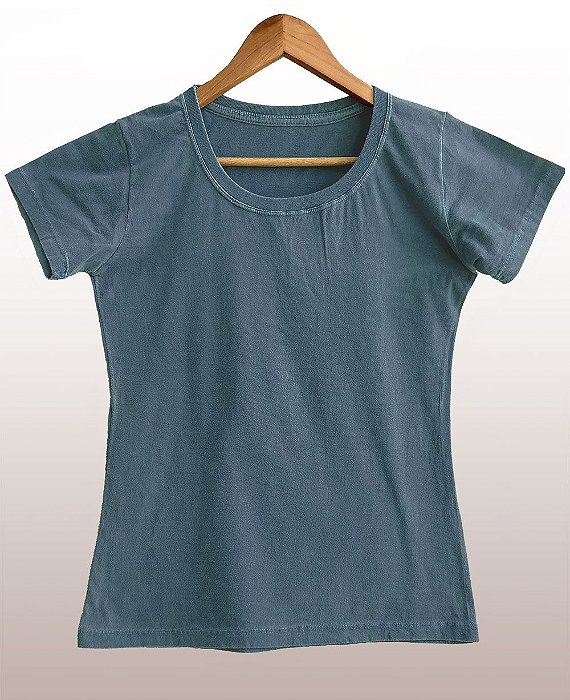Camiseta Feminina Estonada lisa Algodão Azul Jeans