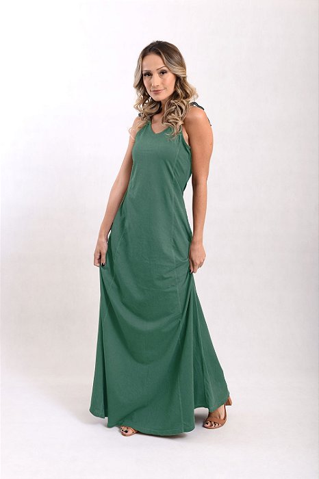 Vestido Longo Alça Estonado M/Malha Algodão Musgo