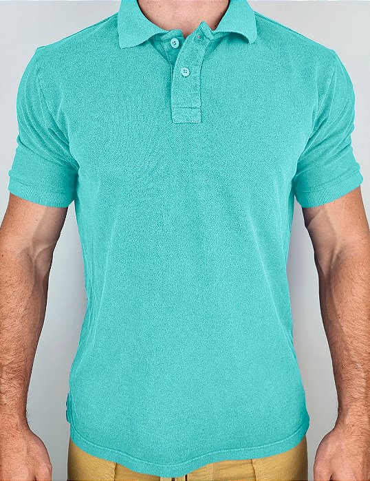 Camisa Polo Masculina Estonada Piquet Algodão Celeste