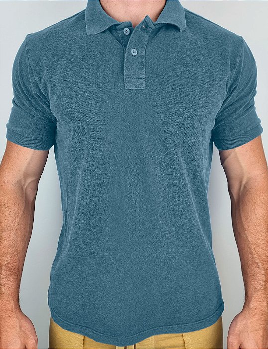 Camisa Polo Masculina Estonada Piquet Algodão Azul Jeans