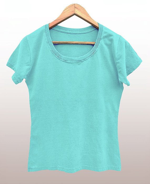 Camiseta Feminina Estonada lisa Algodão Azul Celeste