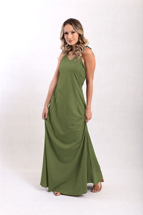 Vestido Longo Alça Estonado M/Malha Algodão Oliva
