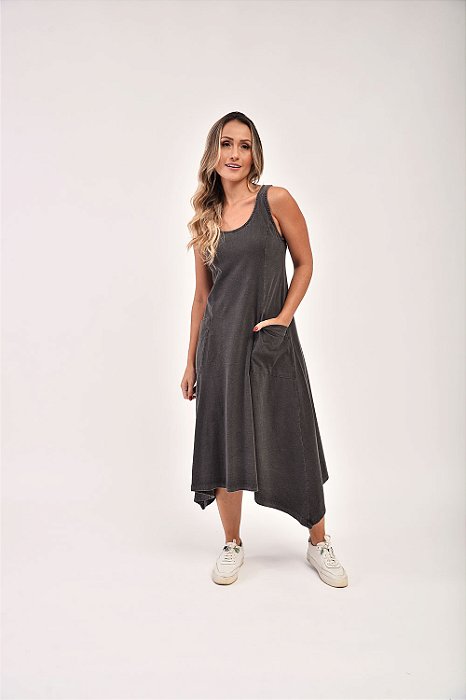 Vestido Midi Estonado M/Malha Algodão Casual Chumbo