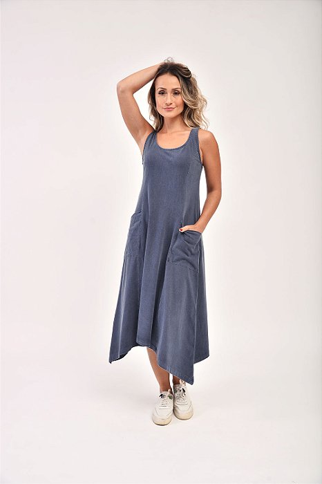 Vestido Midi Estonado M/Malha Algodão Casual Azul Jeans