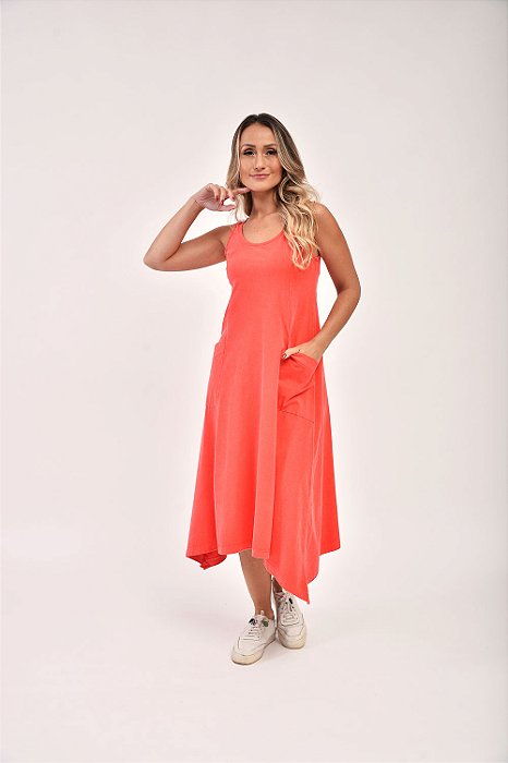 Vestido Midi Estonado M/Malha Algodão Casual Salmão