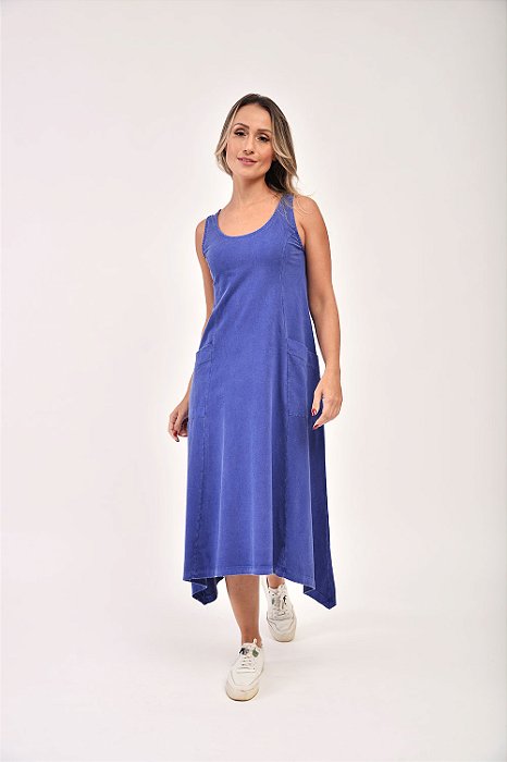 Vestido Midi Estonado M/Malha Algodão Casual Azul Royal