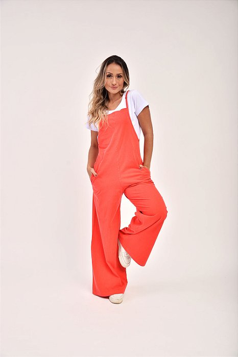 Jardineira Feminina Estonada M/Malha Algodão Salmão