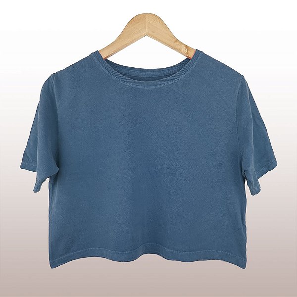 Cropped Camiseta Feminina Estonada Lisa Azul Jeans