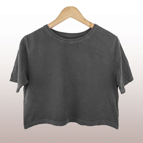 Cropped Camiseta Feminina Estonada Lisa Cinza Chumbo