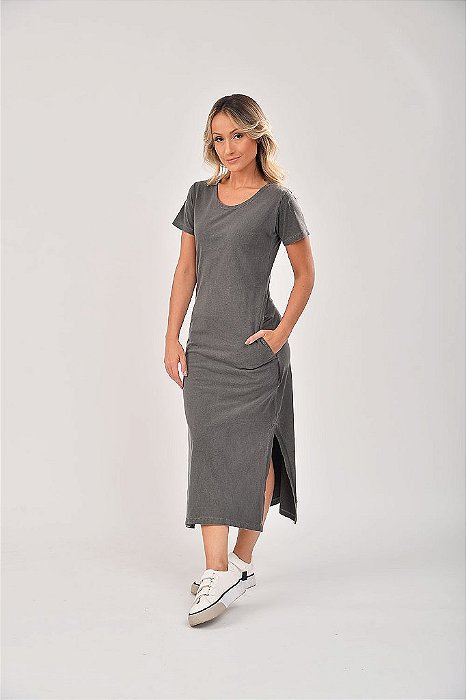 Vestido Midi Fenda Estonado M/Malha Algodão Chumbo