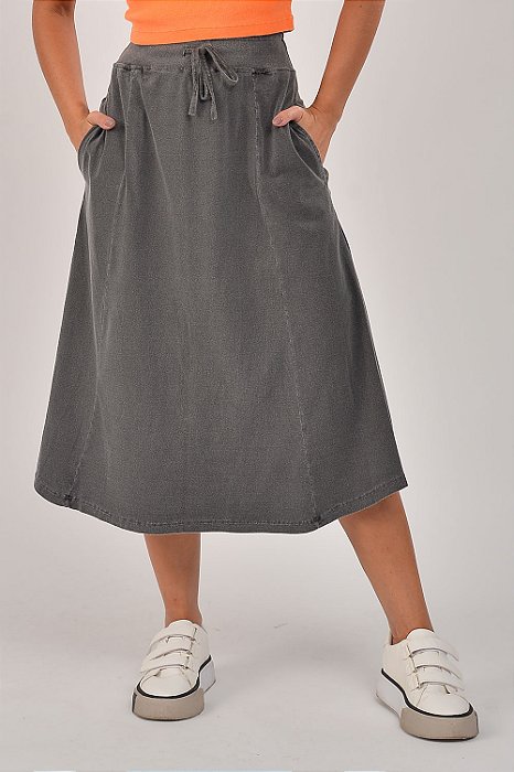 Saia Midi Estonada M/Malha Algodão Casual Chumbo