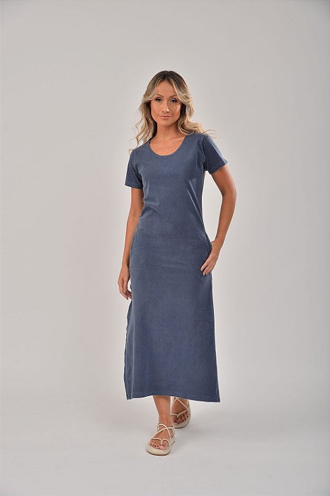 Vestido Midi Fenda Estonado M/Malha Algodão Azul Jeans