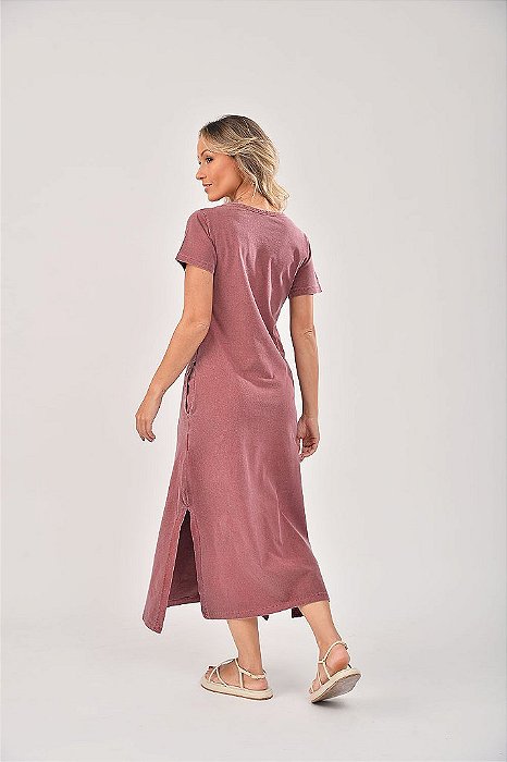 Vestido Midi Fenda Estonado M/Malha Algodão Vinho