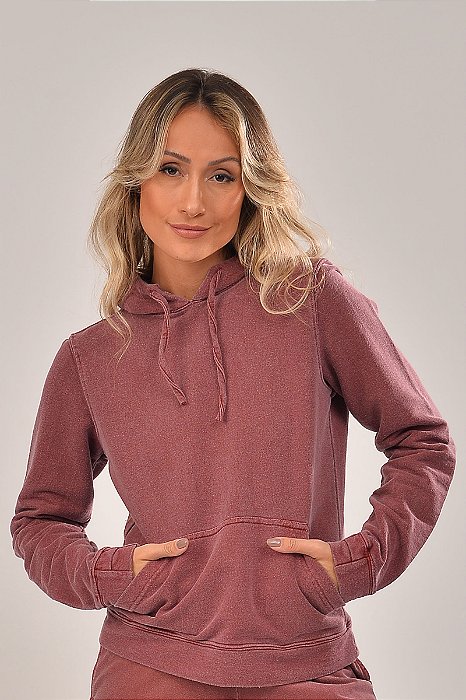 Blusa Feminina Capuz Moletom Estonado Algodão Vinho