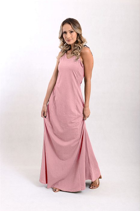 Vestido Longo Alça Estonado M/Malha Algodão Rosé