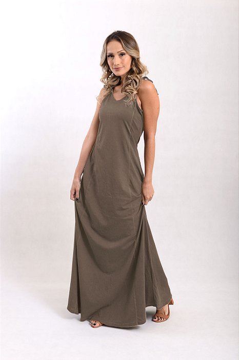 Vestido Longo Alça Estonado M/Malha Algodão Marrom