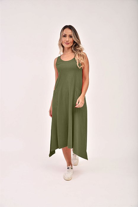 Vestido Midi Estonado M/Malha Algodão Casual Oliva