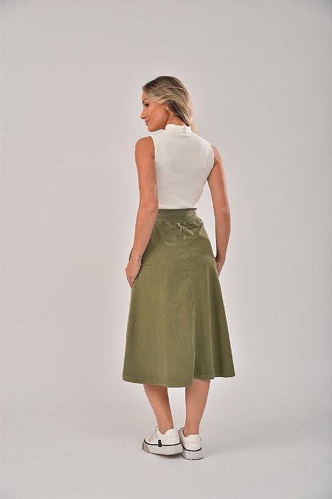 Saia Midi Estonada M/Malha Algodão Casual Oliva