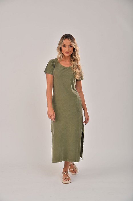 Vestido Midi Fenda Estonado M/Malha Algodão Oliva