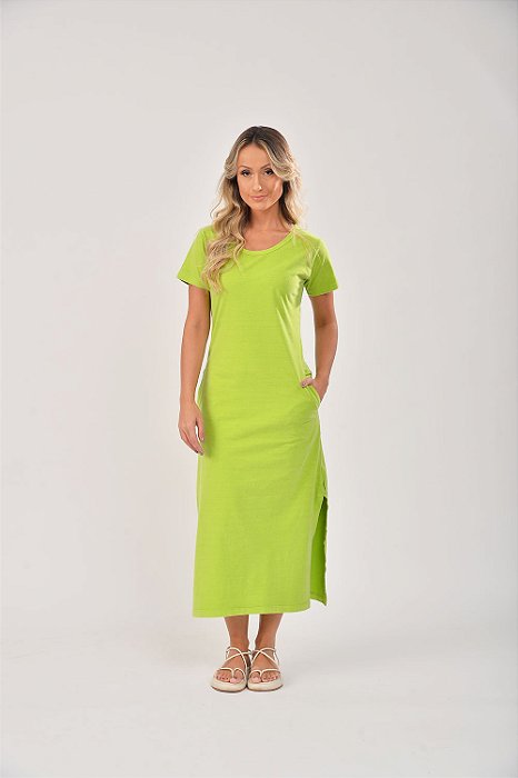 Vestido Midi Fenda Estonado M/Malha Algodão Limão