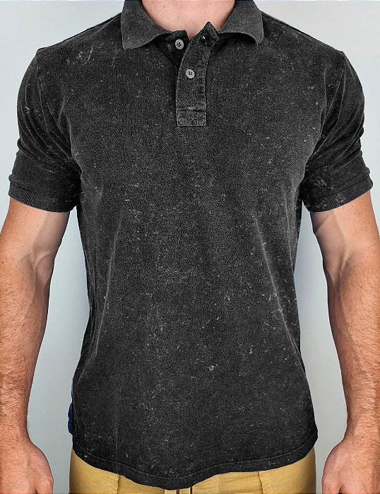 Camisa Polo Masculina Marmorizada Piquet Preta