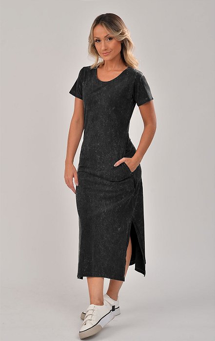 Vestido Midi Fenda Marmorizado M/Malha Algodão Preto