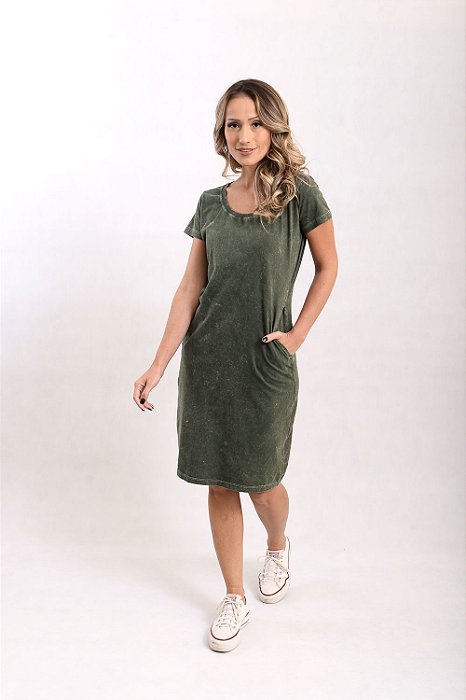 Vestido Curto Camisetão Marmorizado M/Malha Oliva